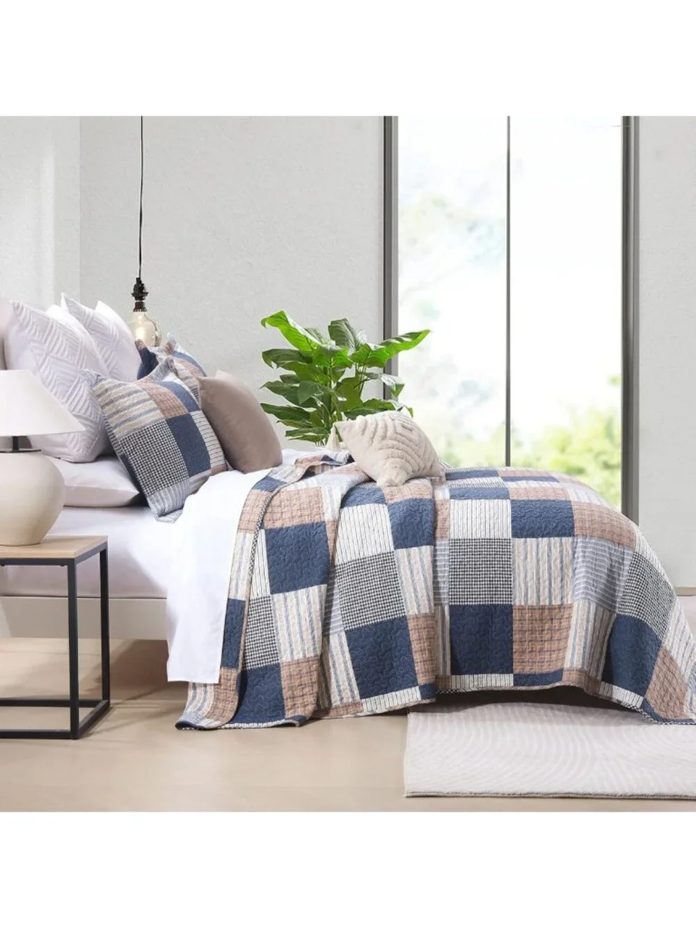 Cozy 100% Cotton Queen Quilt Set - Reversible Patchwork Plaid Bedding, Farmhouse
